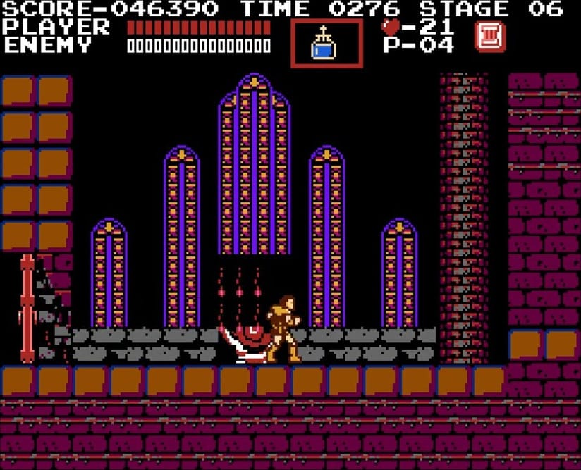 Simon Belmont in the stained-glass chapel of Stage 6 in Castlevania (1986)