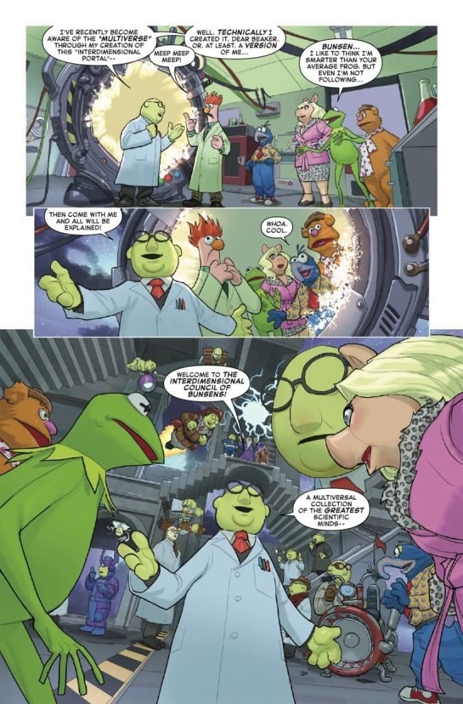 Preview page from The Muppets Take the Marvel Universe #1 with Dr. Bunsen Honeydew, Beaker and Marvel scientists