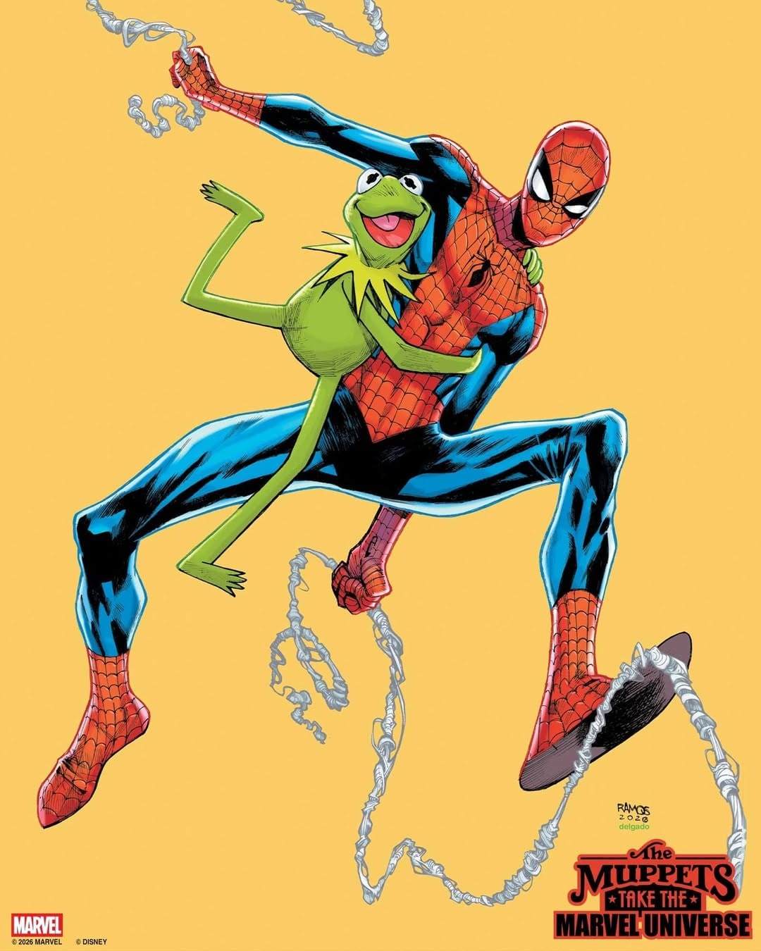 Kermit the Frog riding on Spider-Man's back on a variant cover of The Muppets Take the Marvel Universe #1