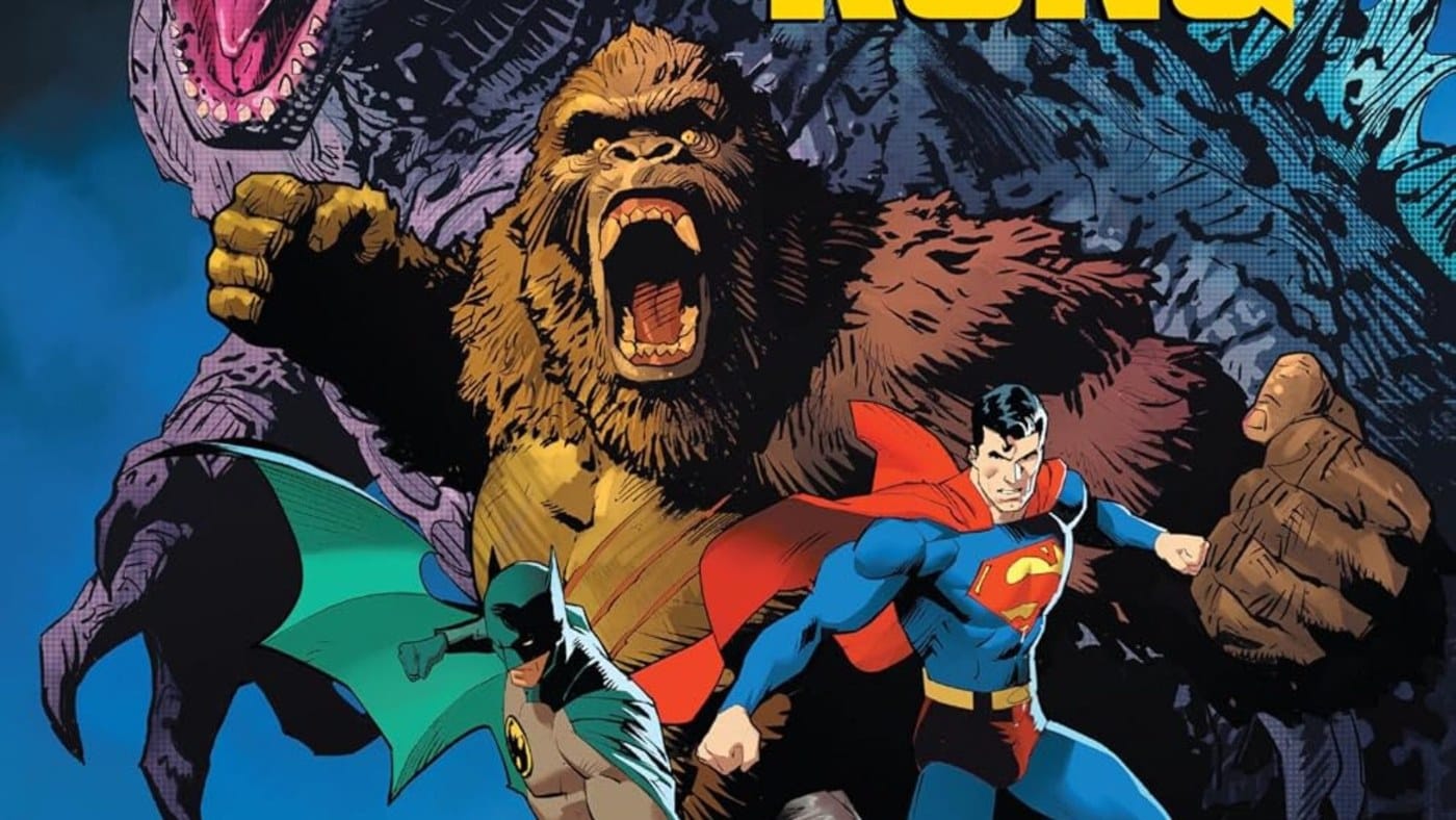 Justice League vs. Godzilla vs. Kong cover art with Superman and Batman facing Kong and Godzilla