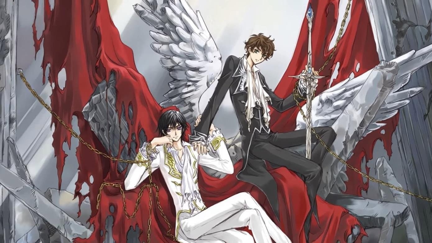 Lelouch and Suzaku in a stylized illustration from Code Geass: Lelouch of the Rebellion