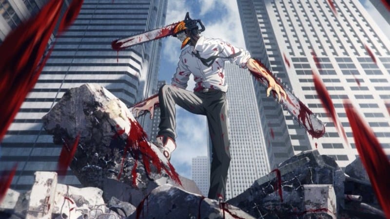 Denji transformed into Chainsaw Man amid urban destruction, official key visual