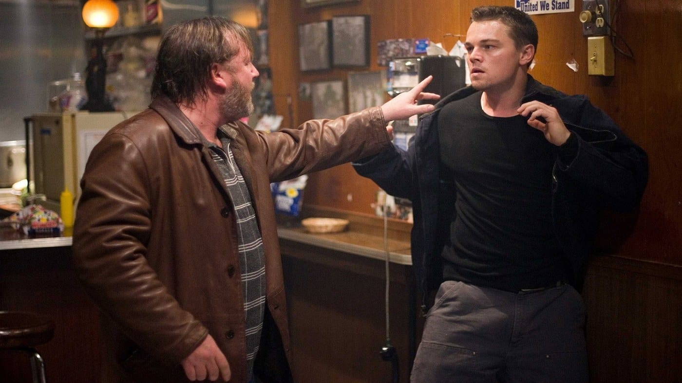 Ray Winstone and Leonardo DiCaprio in a tense confrontation in The Departed (2006)