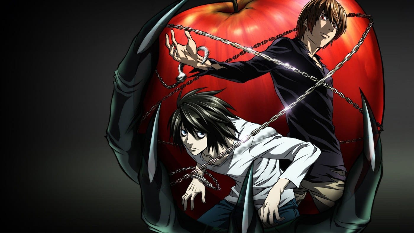 Light Yagami and L bound together by chains in front of a giant red apple