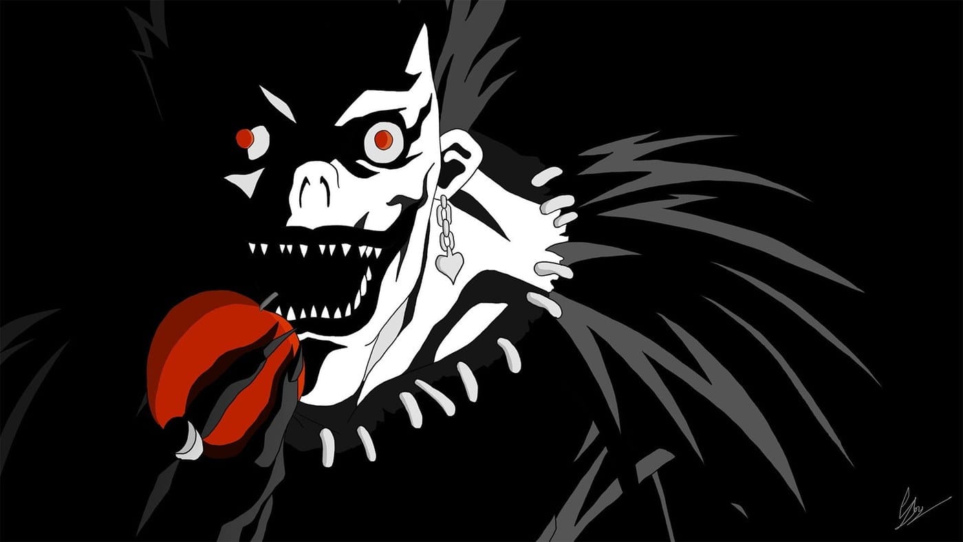 The shinigami Ryuk holding a red apple against a black background