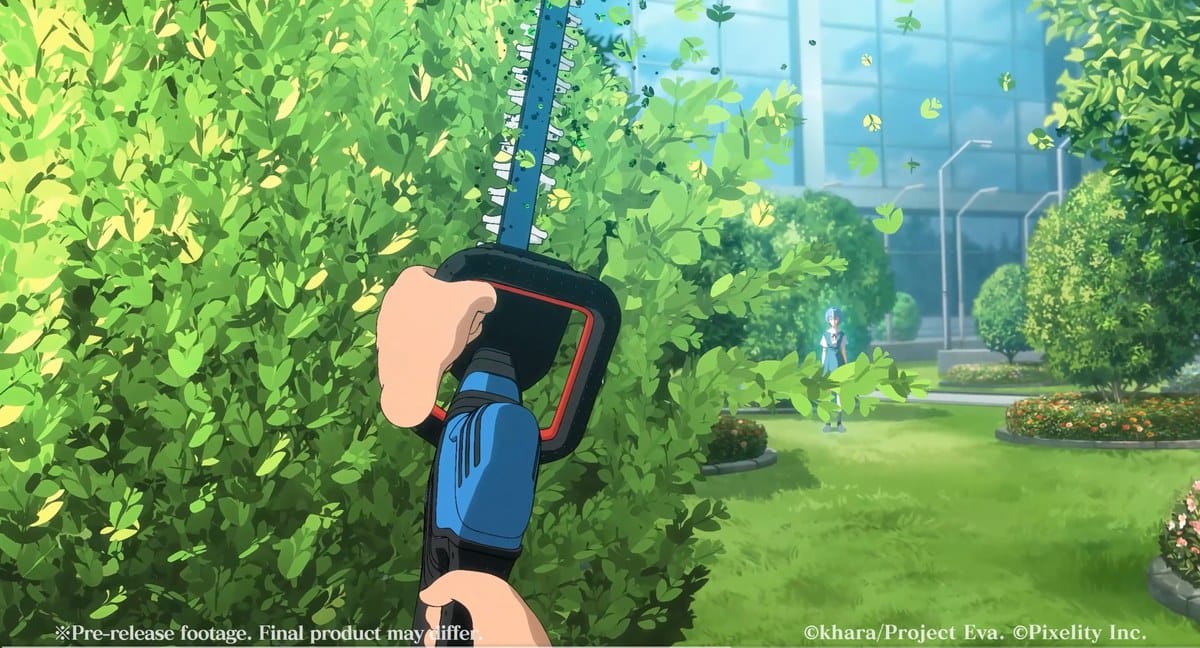 First-person hands trimming a hedge with Rei Ayanami in the background