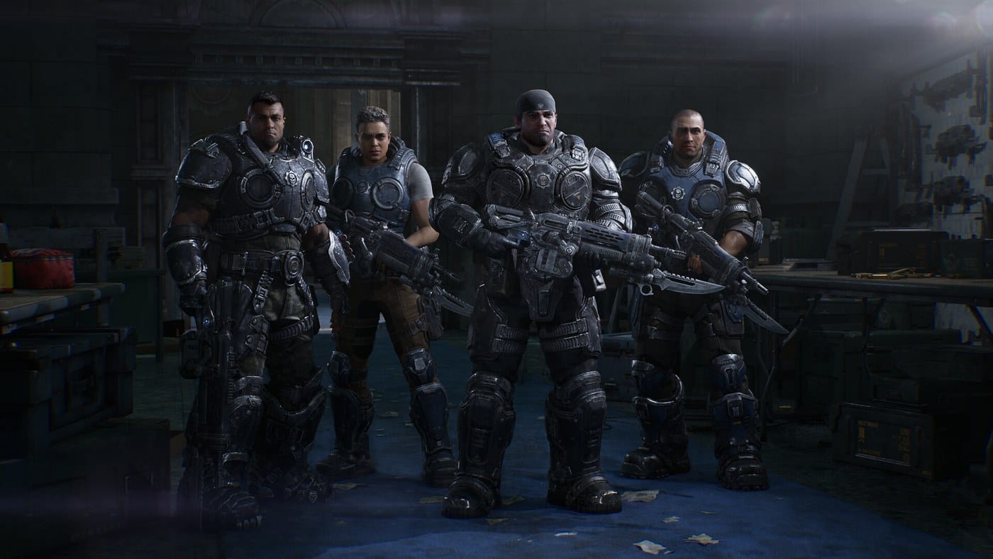 Marcus Fenix, Dom Santiago and Bravo Squad standing in an armory
