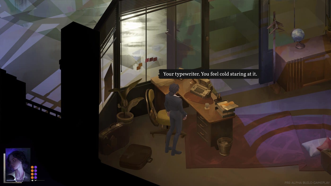 The protagonist at a desk with a typewriter in a dim newsroom office