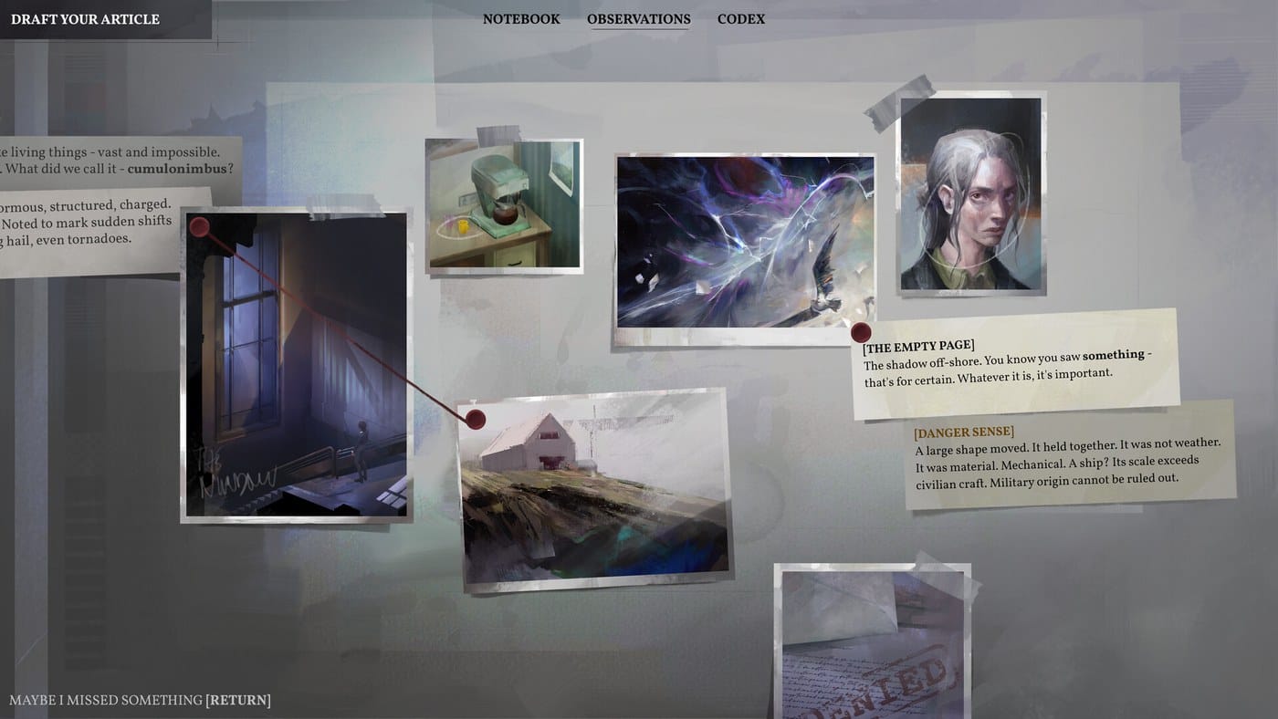 An evidence board of photographs and notes from Hopetown's investigation system