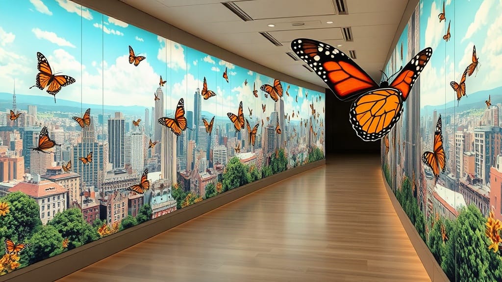 Kuper's bold illustrations wrap the corridor walls of the Gilder Center, following the monarchs' 3,000-mile route from Canada to Mexico.
