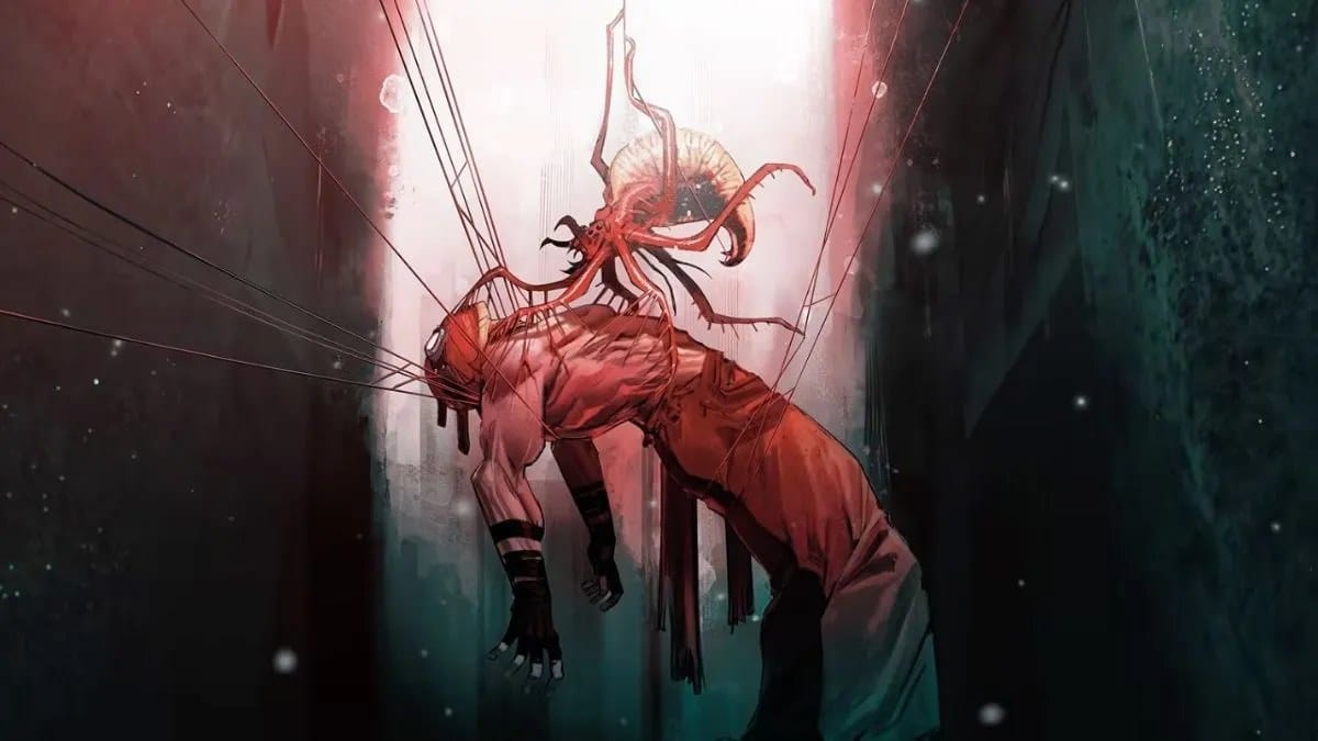 A transformed figure suspended by webs in Midnight Spider-Man promotional art