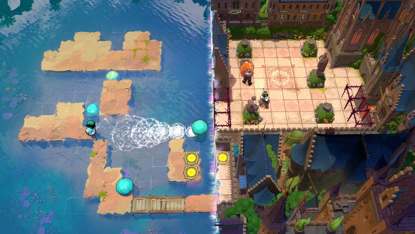 An overhead puzzle room built from stone tiles over water in Order of the Sinking Star