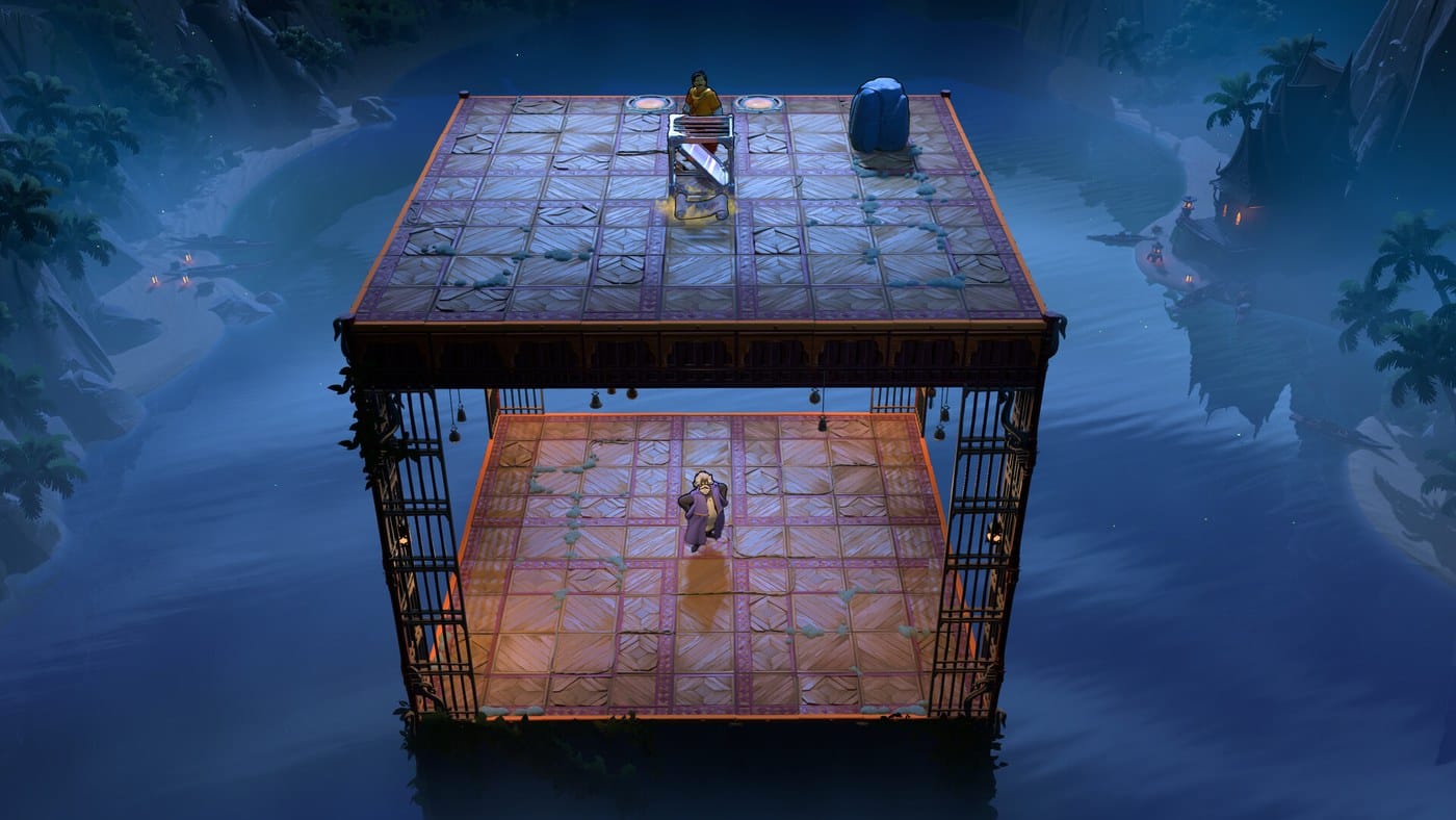 A puzzle stage on a caged platform above dark water in Order of the Sinking Star