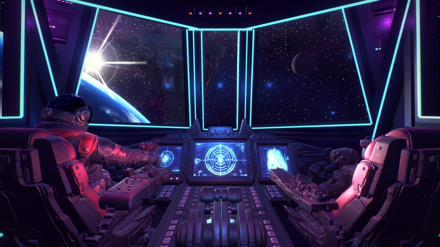 A two-seat spaceship cockpit facing a planet in the new Space Quest