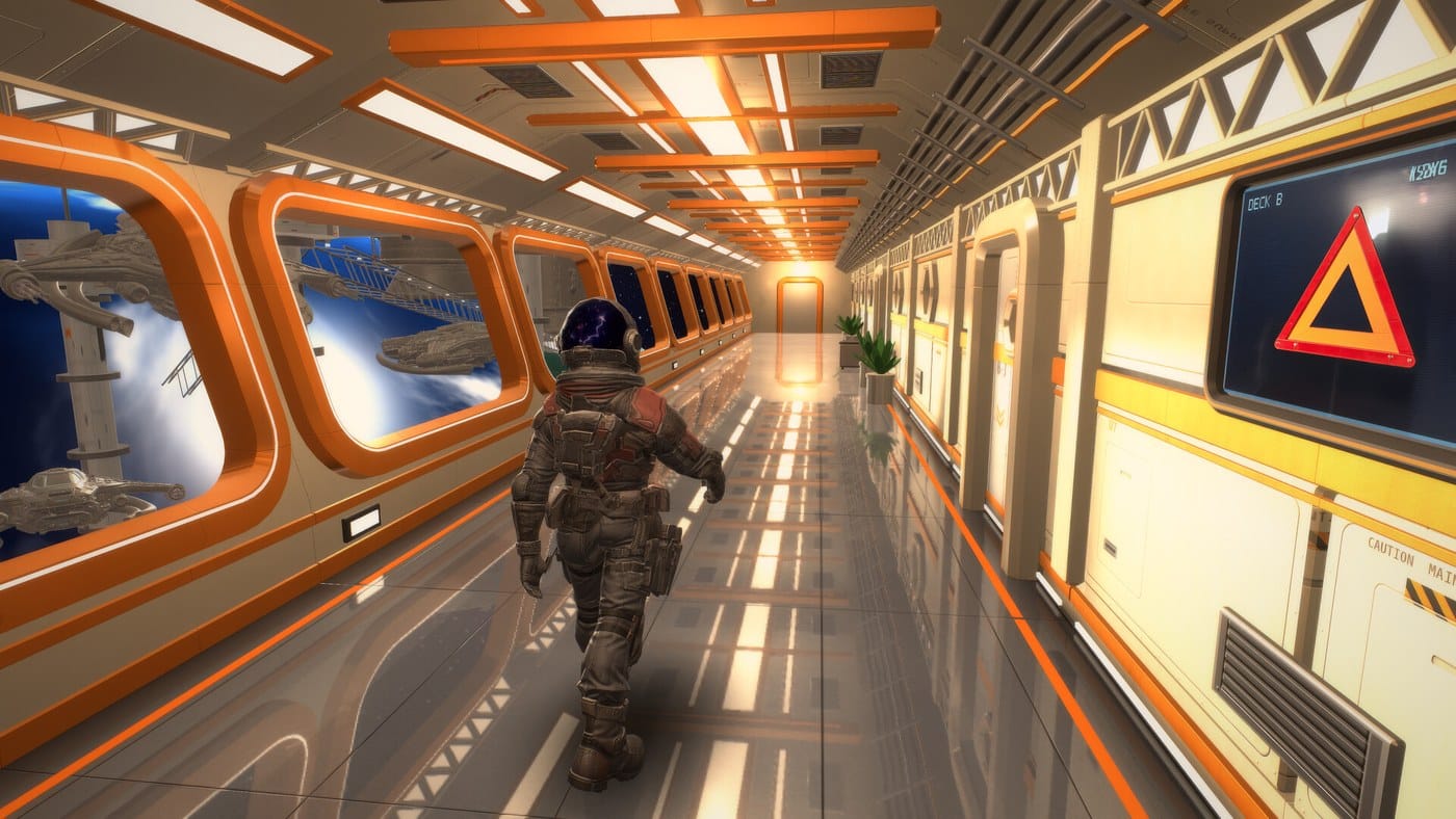 An astronaut walking down a bright orange spaceship corridor