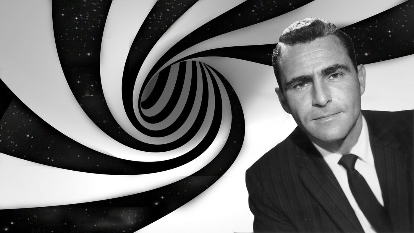 Rod Serling in front of the black and white spiral from The Twilight Zone opening