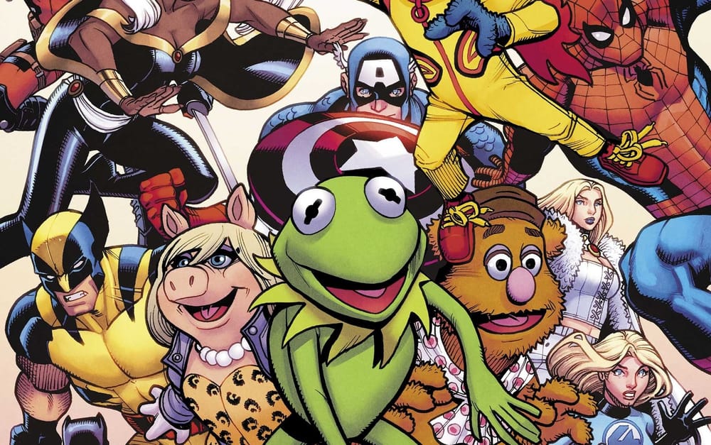 Nick Bradshaw's main cover for The Muppets Take the Marvel Universe #1 with Kermit, Miss Piggy, Fozzie and Marvel heroes
