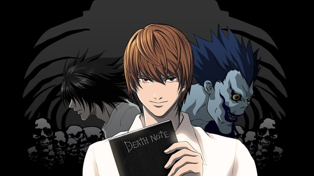 Light Yagami holding the Death Note with L and Ryuk behind him