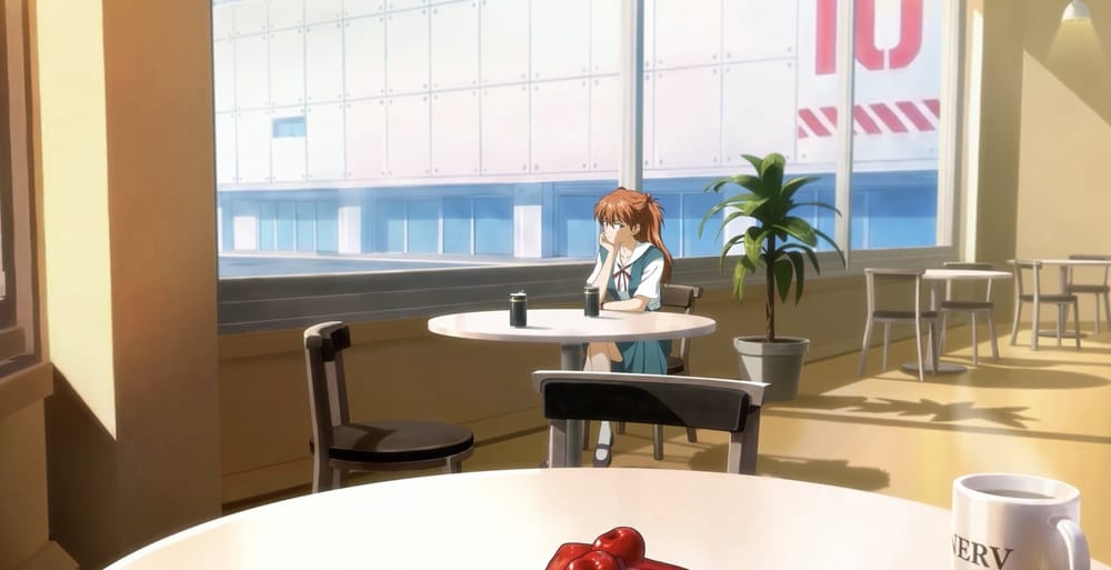 Asuka Langley in a sunlit NERV cafeteria in Evangelion: Δ Cross Reflections