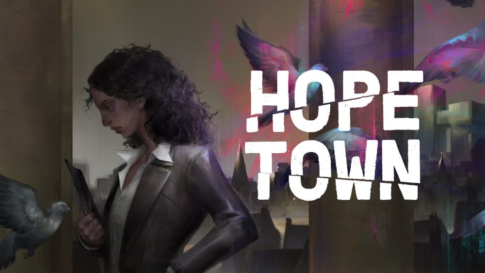 Hopetown key art: a young journalist with a notebook beside pigeons and a grey island town