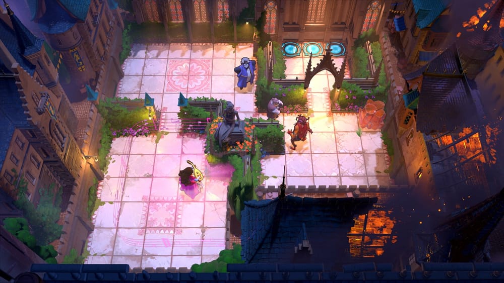 An overhead puzzle courtyard of glowing tiles in Order of the Sinking Star