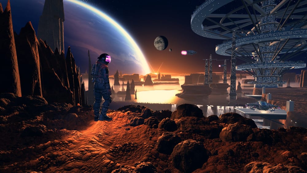 An astronaut overlooking an alien city at dusk in the new Space Quest