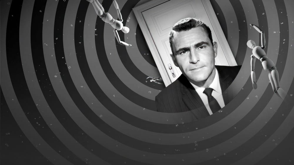 Rod Serling framed by the black and white spiral and floating door of The Twilight Zone