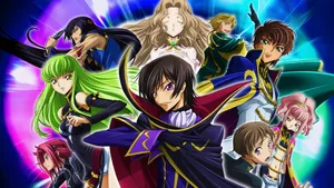 Key art of Lelouch as Zero surrounded by the cast of Code Geass: Lelouch of the Rebellion