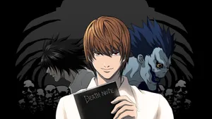 Light Yagami holding the Death Note with L and Ryuk behind him