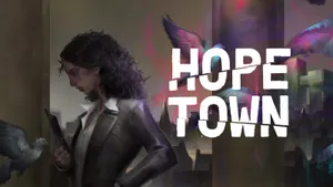 Hopetown key art: a young journalist with a notebook beside pigeons and a grey island town