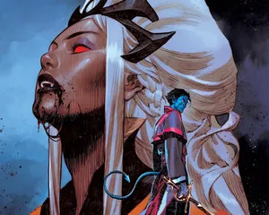 Cover art for Midnight X-Men #1 with a vampiric Storm and Nightcrawler
