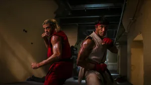 Noah Centineo as Ken and Andrew Koji as Ryu in fighting stances in Street Fighter (2026)
