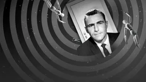Rod Serling framed by the black and white spiral and floating door of The Twilight Zone